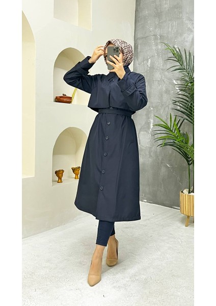 Lacivert Içi Astarlı ve Düğme Detaylı Kadın Trençkot modelleri
