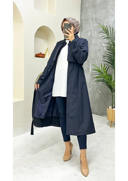 Lacivert Içi Astarlı ve Düğme Detaylı Kadın Trençkot indirimleri