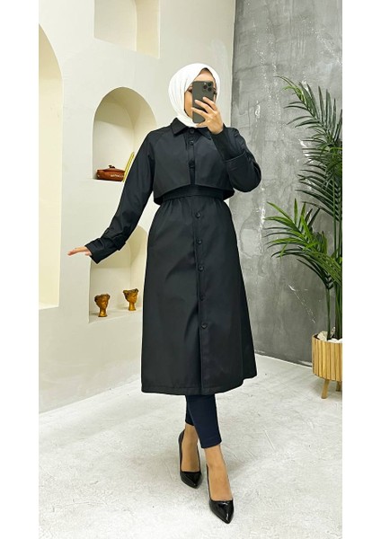 Siyah Içi Astarlı ve Düğme Detaylı Kadın Trençkot fiyatları