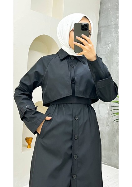 Siyah Içi Astarlı ve Düğme Detaylı Kadın Trençkot modelleri