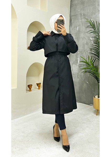 Siyah Içi Astarlı ve Düğme Detaylı Kadın Trençkot fırsatları