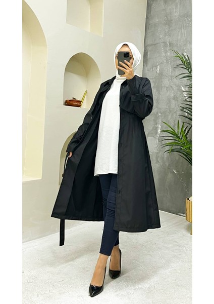 Siyah Içi Astarlı ve Düğme Detaylı Kadın Trençkot indirimleri