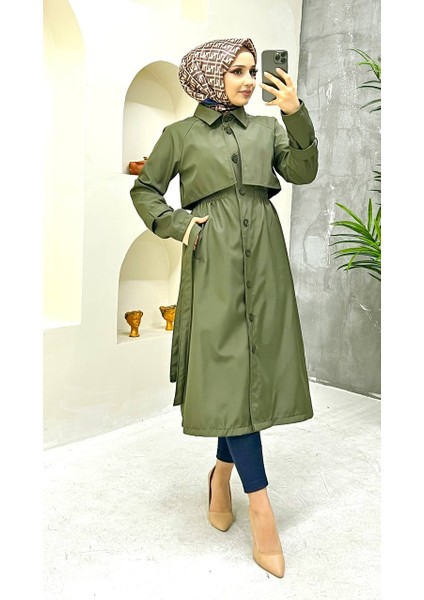 Haki Içi Astarlı ve Düğme Detaylı Kadın Trençkot