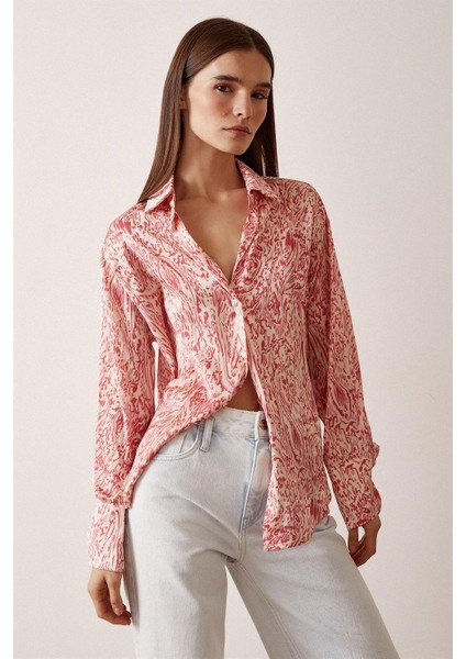 V Yaka Desenli Saten Gömlek