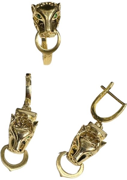 14 Ayar Tiger Model Altın Yüzük Küpe Set