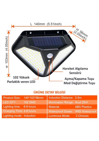 4 Adet Solar 102 Ledli Modlu Bahçe Aydınlatması Güneş Enerjili Hareket Sensörlü Lamba