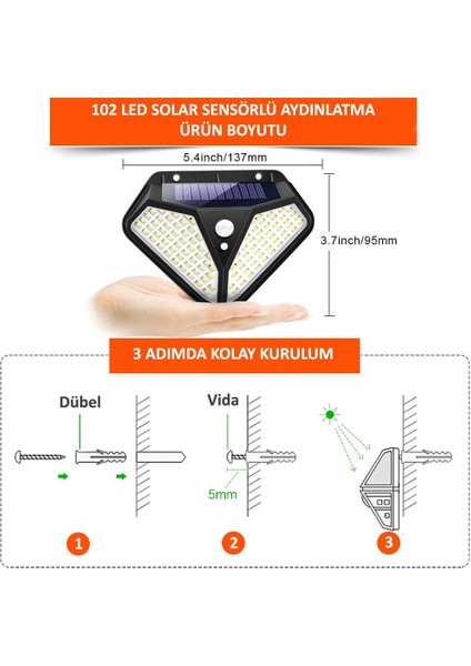 4 Adet Solar 102 Ledli Modlu Bahçe Aydınlatması Güneş Enerjili Hareket Sensörlü Lamba