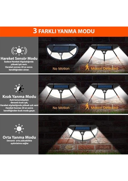 2 Adet Solar 122COB Ledli 3 Modlu Bahçe Aydınlatma Güneş Enerjili Lamba Hareket Sensörlü