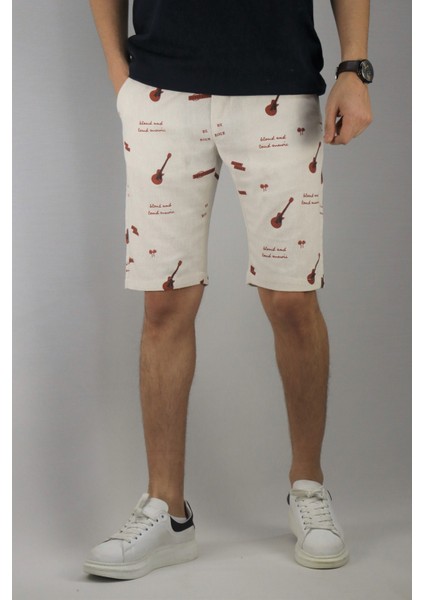Erkek Pamuk Keten Gitar Baskı Bel Lastikli Bermuda Şort