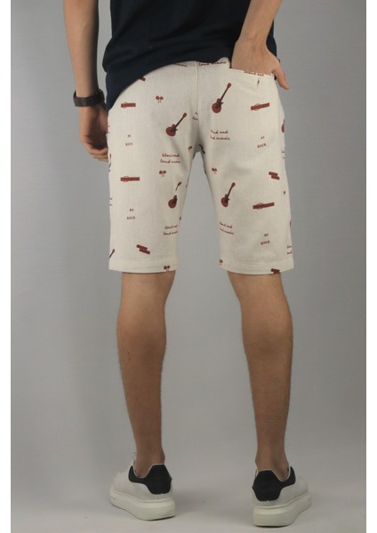 Erkek Pamuk Keten Gitar Baskı Bel Lastikli Bermuda Şort fiyatları