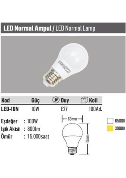 10W E27 Duy LED Ampul Gün Işığı (Sarı) - 10 Adet modelleri