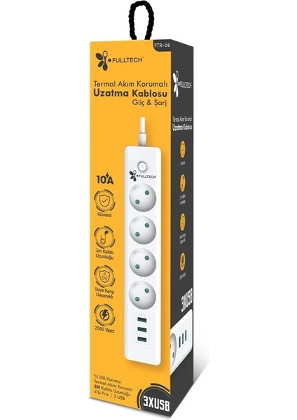 Ftr-06 2.1AMPER 3xusb - 4xpriz 2500WATT 2metre Kablolu Akım Korumalı Priz Seti