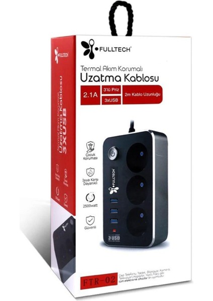 Isıya Da Lı 2 Metre Kablolu Termal Akım Korumalı 3'lü Priz 3 Usb'li modelleri