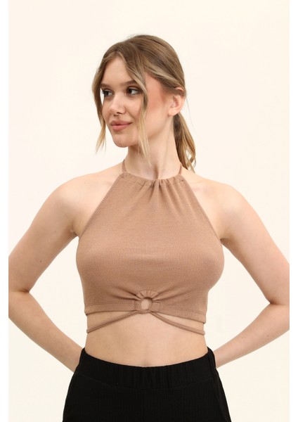 Kim Ki O Kadın Renkli Boyundan Bağlamalı Göbek Detay Örme Crop Top KKO-00-1548