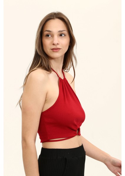 Kim Ki O Kadın Renkli Boyundan Bağlamalı Göbek Detay Örme Crop Top KKO-00-1548