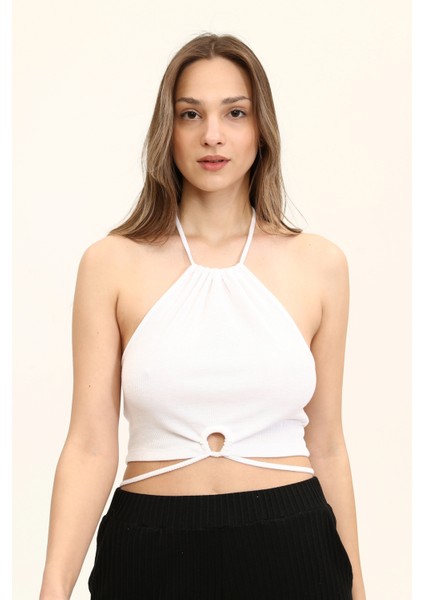 Kim Ki O Kadın Renkli Boyundan Bağlamalı Göbek Detay Örme Crop Top KKO-00-1548