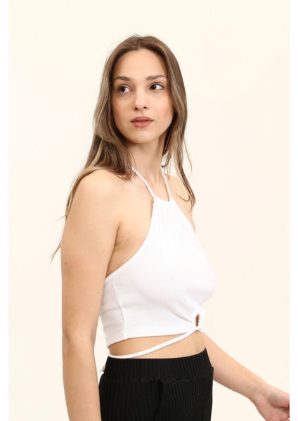 Kim Ki O Kadın Renkli Boyundan Bağlamalı Göbek Detay Örme Crop Top KKO-00-1548