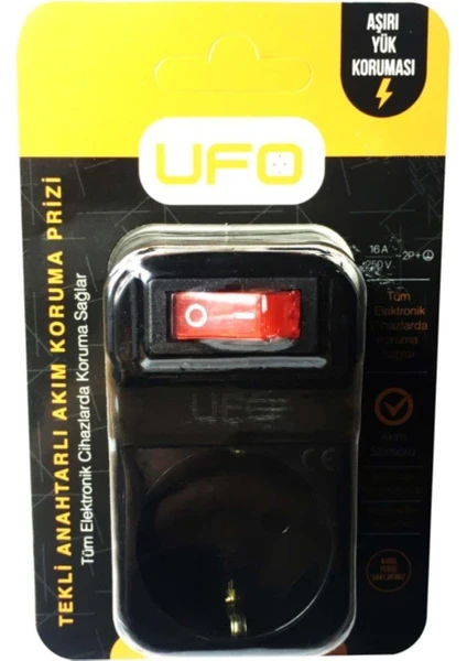 EC Shop Ufo Electrıc Akım Korumalı Priz Ufo Tekli Anahtarlı Siyah Renk 16A 250V