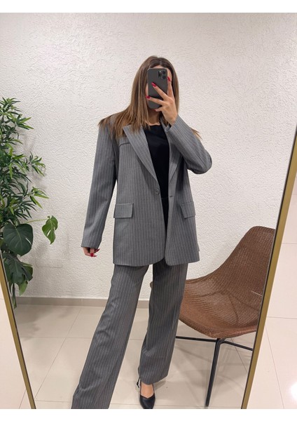 Kadın Çizgili Içi Astarlı Blazer Ceket Pantolon Takım 5555