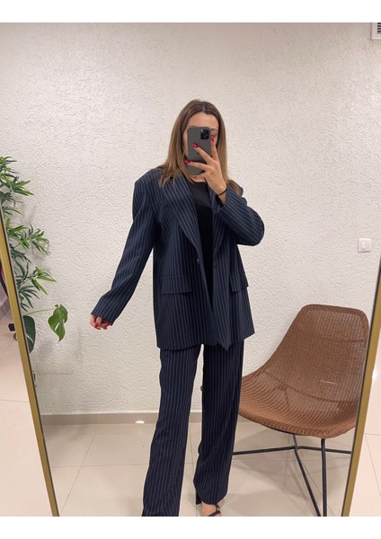 Kadın Çizgili Içi Astarlı Blazer Ceket Pantolon Takım 5555