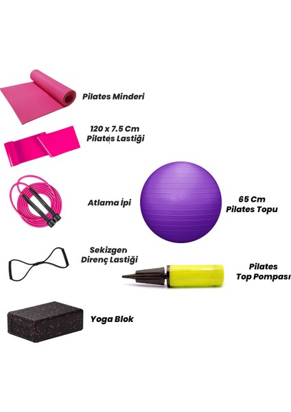 Pilates Minderi Pilates Lastiği Atlama Ipi Yoga Blok Sekizgen Lastik 65 cm Pilates Topu ve Pompa