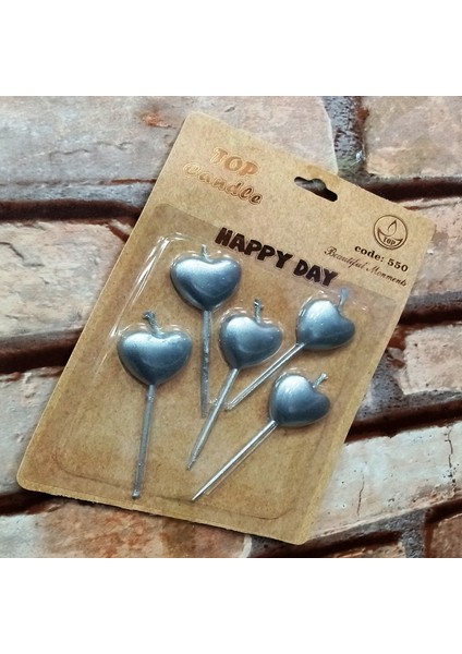 Vıp Silver Heart Happy Bırthday Candle 5 Adet Metalik Gümüş Kalpli Pasta Mumu Kalpli Doğum Günü Mumu