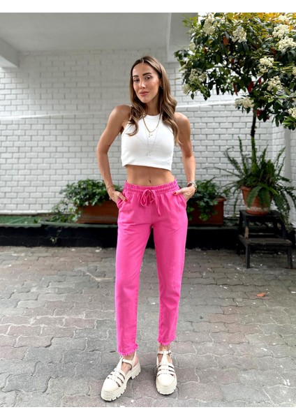 Kadın Beli Lastikli Paçası Püskül Detay Parça Boya Gabardin Pembe Pantolon fiyatları