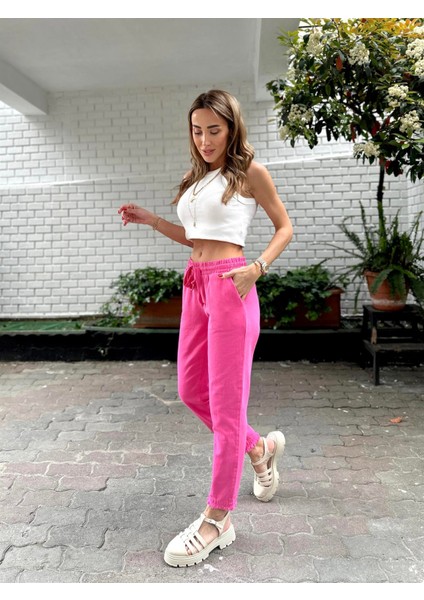 Kadın Beli Lastikli Paçası Püskül Detay Parça Boya Gabardin Pembe Pantolon indirimleri