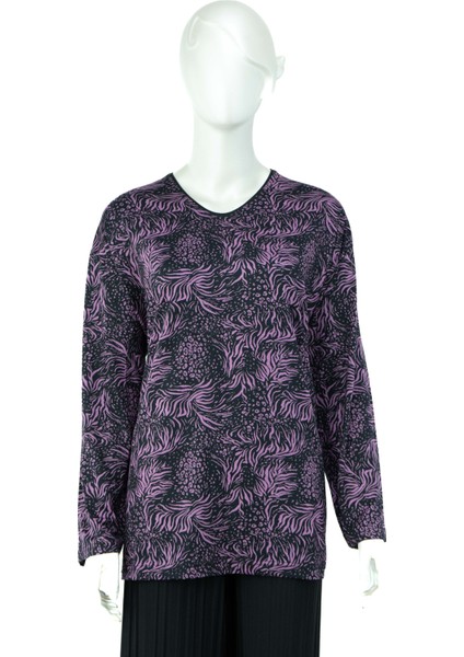 Kadın Erguvan Desenli Hafif V Yaka Uzun Kollu Tam Kalıp Normal Kesim Likralı Turlu Viskon Penye Kumaş Anne Bluz