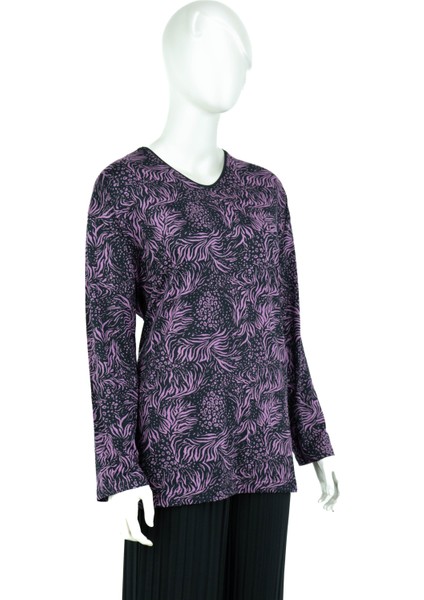 Kadın Erguvan Desenli Hafif V Yaka Uzun Kollu Tam Kalıp Normal Kesim Likralı Turlu Viskon Penye Kumaş Anne Bluz fiyatları