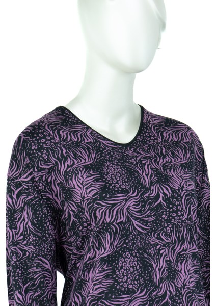 Kadın Erguvan Desenli Hafif V Yaka Uzun Kollu Tam Kalıp Normal Kesim Likralı Turlu Viskon Penye Kumaş Anne Bluz modelleri