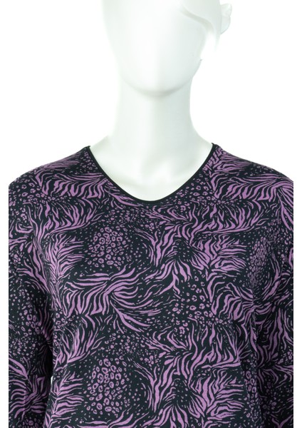 Kadın Erguvan Desenli Hafif V Yaka Uzun Kollu Tam Kalıp Normal Kesim Likralı Turlu Viskon Penye Kumaş Anne Bluz fırsatları