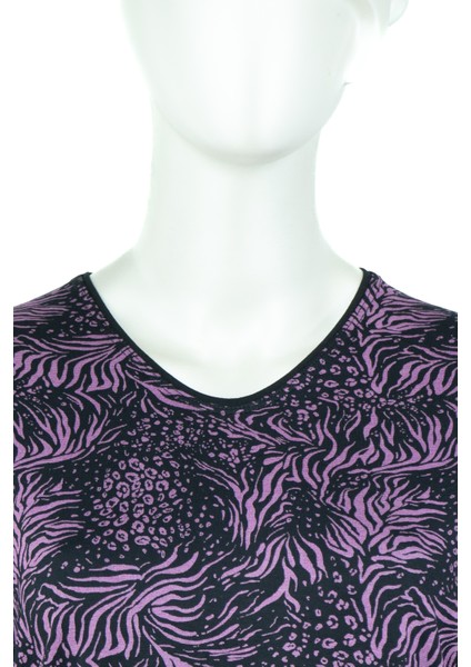 Kadın Erguvan Desenli Hafif V Yaka Uzun Kollu Tam Kalıp Normal Kesim Likralı Turlu Viskon Penye Kumaş Anne Bluz indirimleri