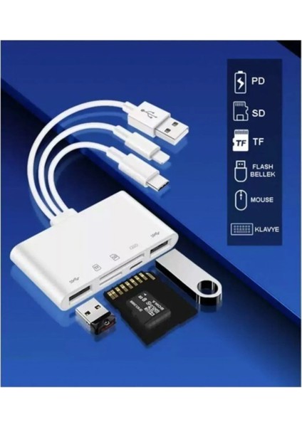 FXN-1032 Pro Type-C Lightning Usb-A To 2x Usb3.0 Sd Tf Pd Kart Okuyucu Çevirici Hub Adaptör