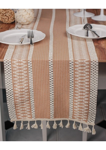 Runner Pamuk Dantel Püsküllü Bej Runner ,sunum Örtüsü Dantel Bej 35 x 155 cm