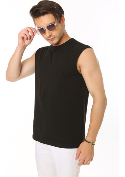 Erkek Siyah Bisiklet Yaka Tank Sıfır Kol Atlet %100 Pamuk T-shirt
