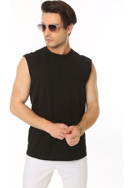 Erkek Siyah Bisiklet Yaka Tank Sıfır Kol Atlet %100 Pamuk T-shirt modelleri