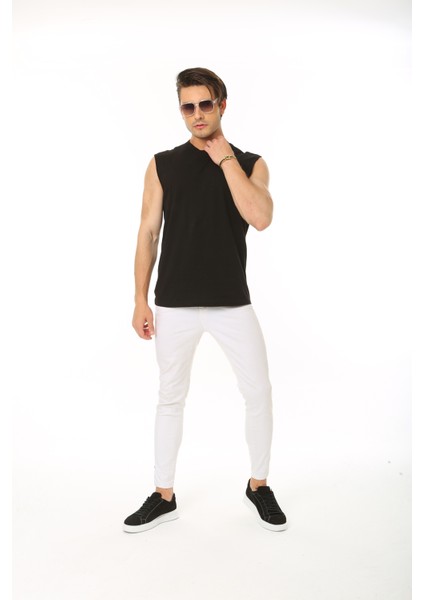Erkek Siyah Bisiklet Yaka Tank Sıfır Kol Atlet %100 Pamuk T-shirt