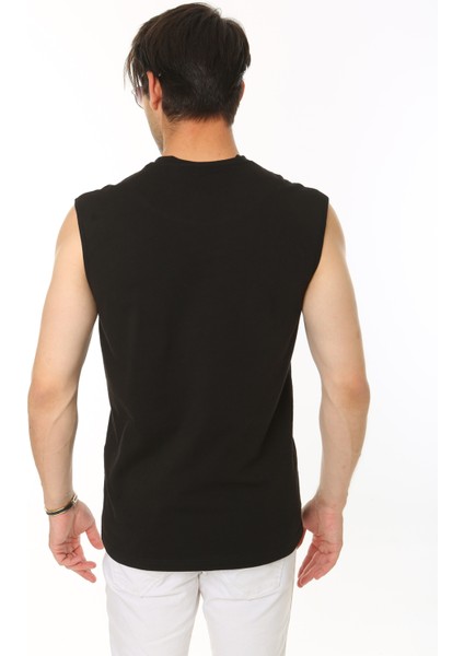 Erkek Siyah Bisiklet Yaka Tank Sıfır Kol Atlet %100 Pamuk T-shirt