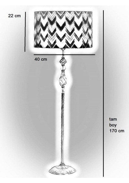 Siyah Kaplama Helezon Kristal Metal Tek Ayaklı Lambader Silindir Başlık Rengi Lale Desenli