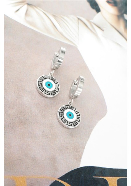 Kadın 316L Çelik Kararmaz Mineli Nazar Figürlü Küpe Seti