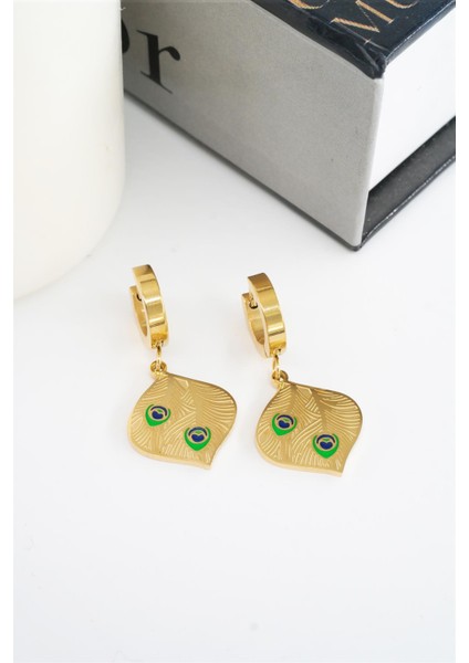 Kadın 316L Çelik Kararmaz Mineli Tüy Figürlü Küpe Seti