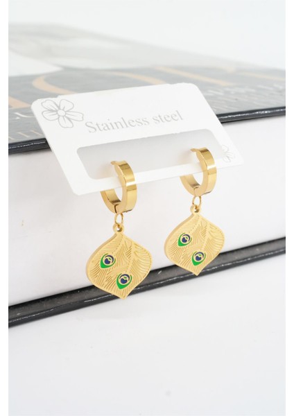 Kadın 316L Çelik Kararmaz Mineli Tüy Figürlü Küpe Seti fiyatları