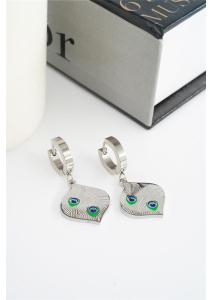 Kadın 316L Çelik Kararmaz Mineli Tüy Figürlü Küpe Seti