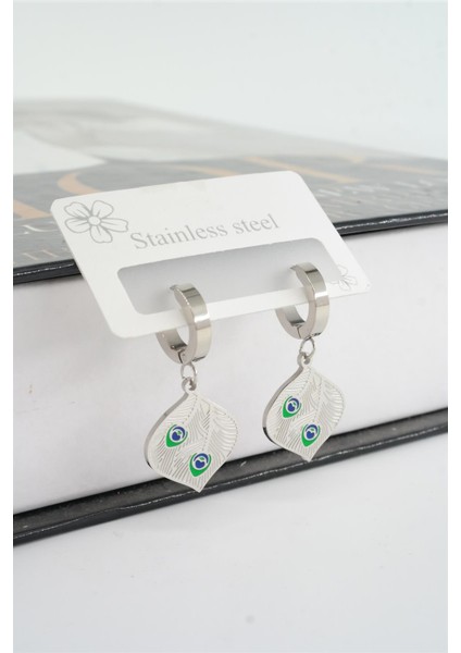 Kadın 316L Çelik Kararmaz Mineli Tüy Figürlü Küpe Seti fiyatları