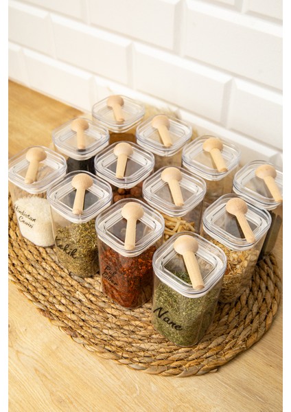 HOME 12'li 250 ml Vakum Kapaklı Kaşıklı Mika Akrilik Baharatlık Saklama Kabı Şeffaf Etiket Hediyeli Kavanoz