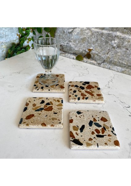 Taş Bardak Altlığı Stone Coasters - 4 Lü Set Terrazzo