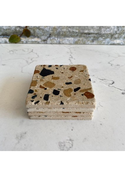 Taş Bardak Altlığı Stone Coasters - 4 Lü Set Terrazzo