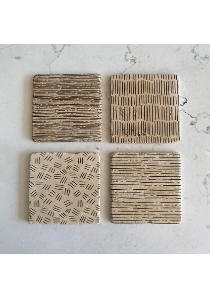 Taş Bardak Altlığı Stone Coasters - 4 Lü Set Minimalist Çizgiler