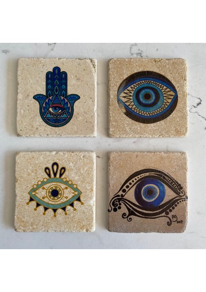 Taş Bardak Altlığı Stone Coasters - 4 Lü Set Hamsa, Nazar Boncuğu